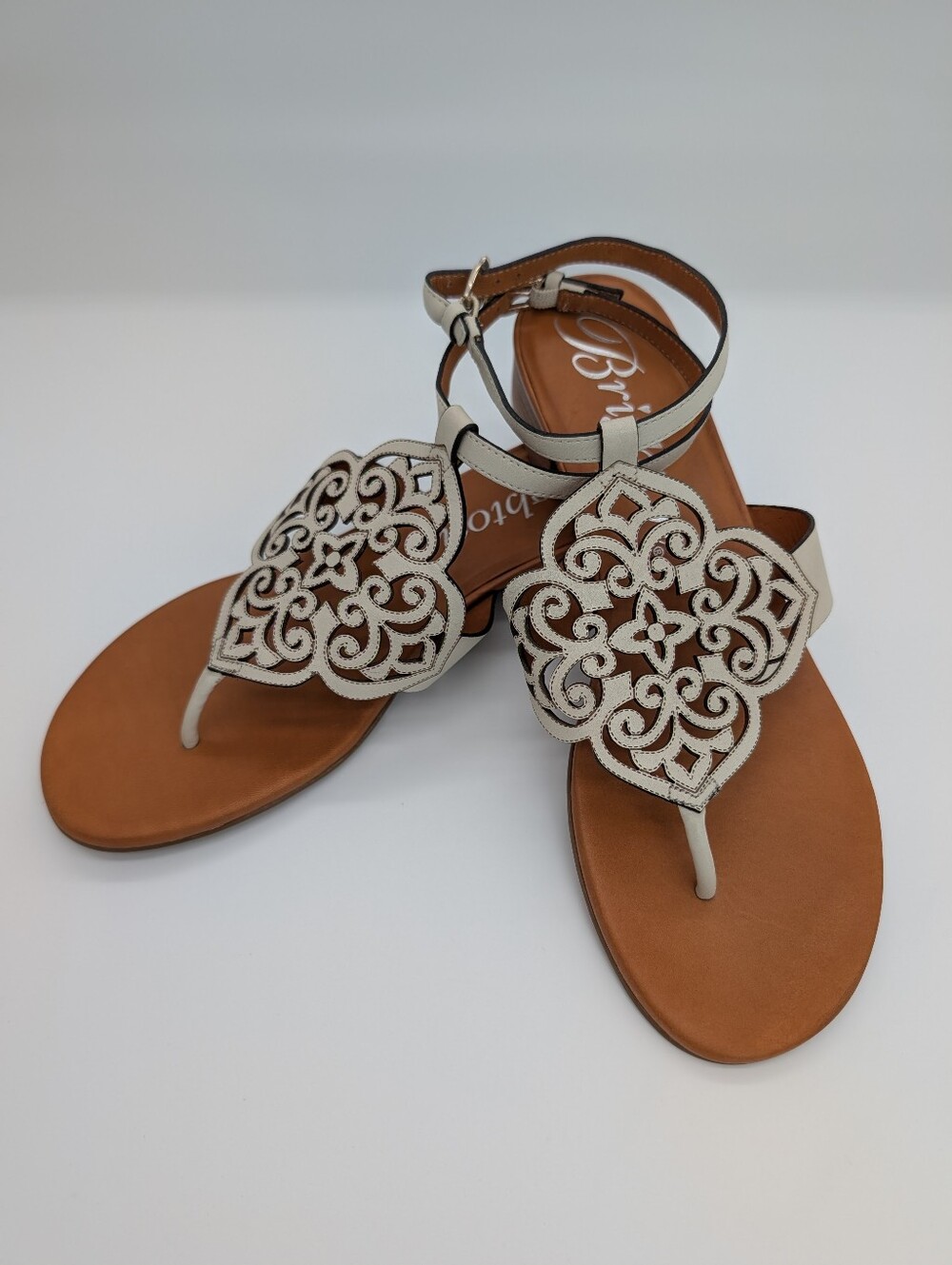 Brighton Lina White/Ivory/Cream Leather Block Heel Sandals 9M